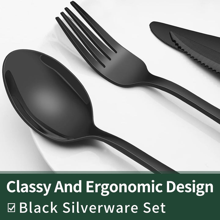 Complete 24-piece black stainless steel flatware set, durable and modern cutlery for everyday dining.