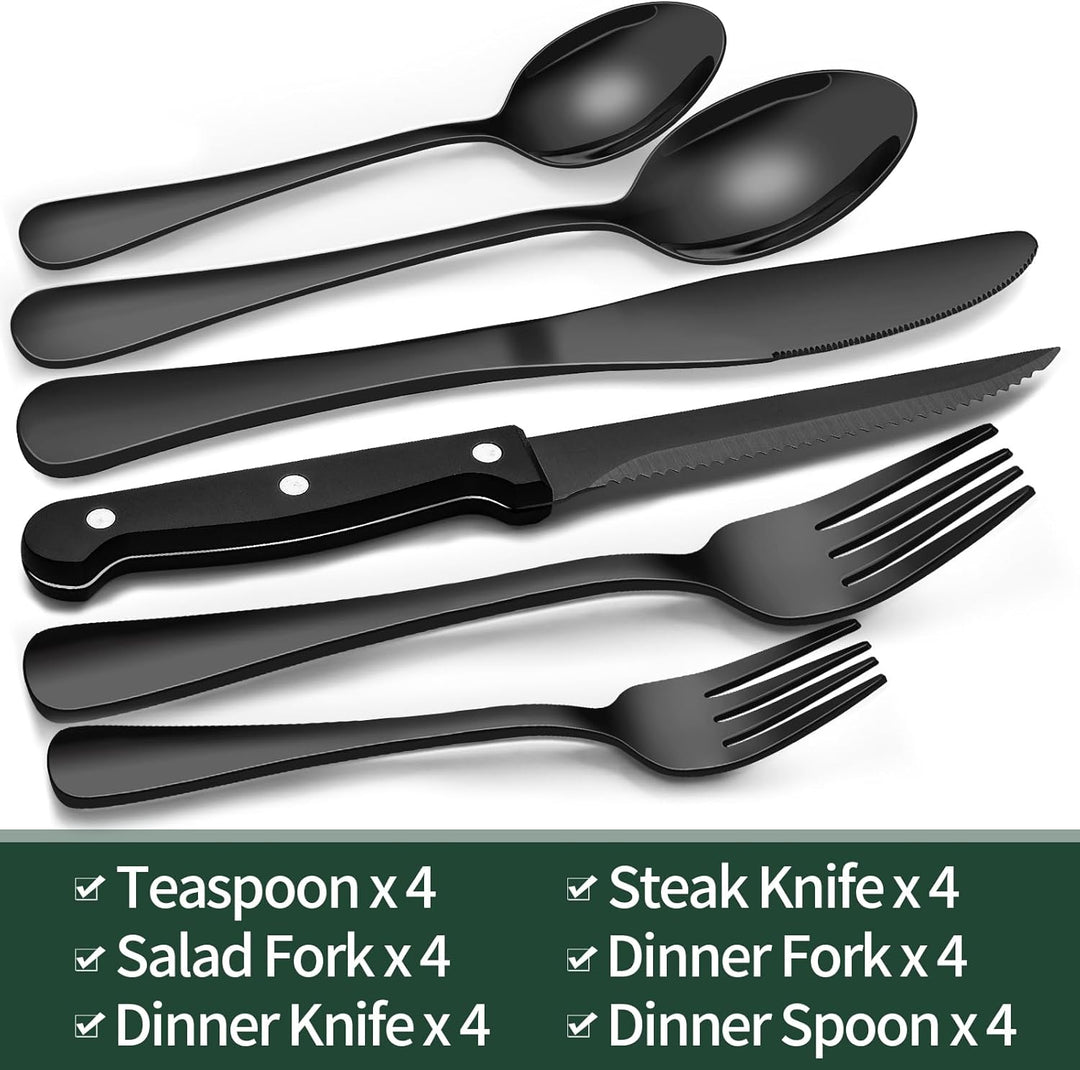 Premium black stainless steel 24-piece cutlery set, sleek and durable flatware for a sophisticated table.