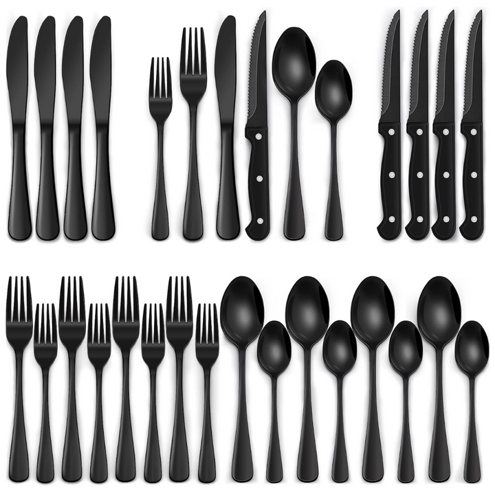 24-piece black stainless steel cutlery set, modern flatware for elegant dining. Includes forks, knives, spoons.