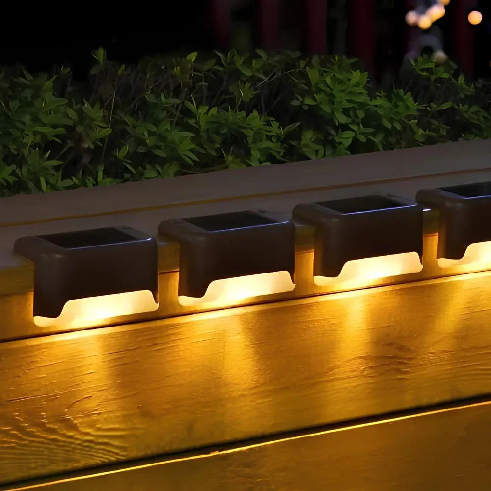 Waterproof solar step lights providing warm, automatic illumination for garden and outdoor areas.