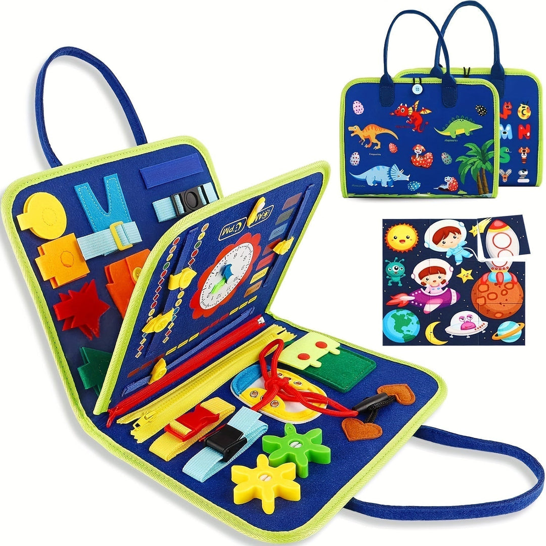 Blue & pink 25-in-1 sensory press panel, an educational toy for toddlers' fine motor development.