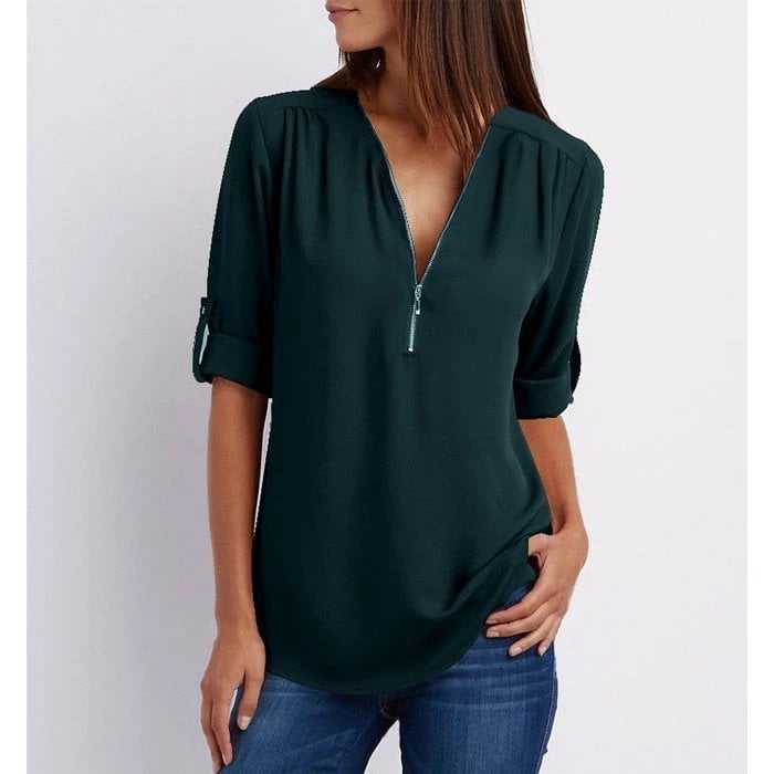 Comfortable women's Sophie 3/4 sleeve V-neck blouse, an effortless relaxed fit top with a chic zip detail.