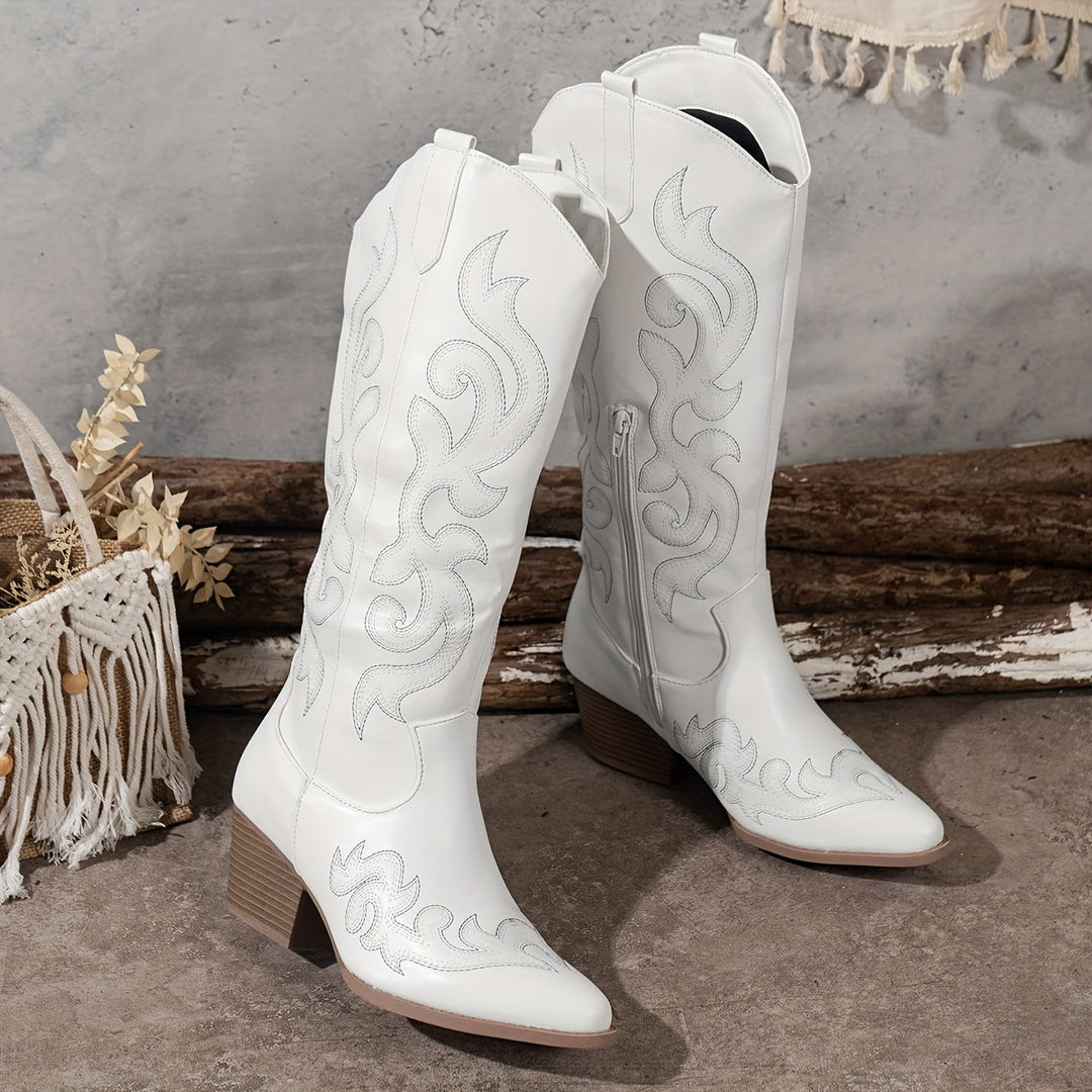 Timeless women's wide-calf western boots. Authentic western stitching, knee-high, comfortable block heel.