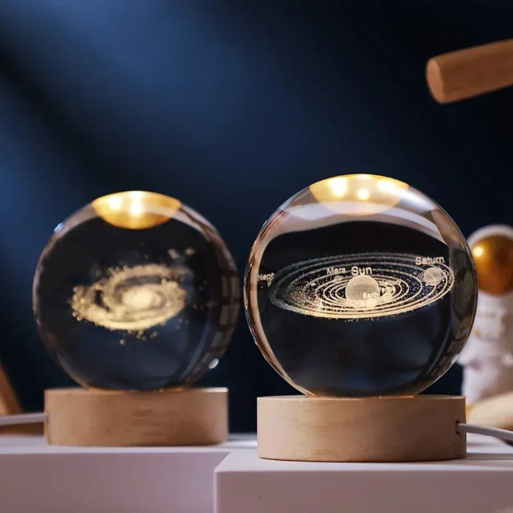 3D Galaxy Crystal Ball Lamp with luminous nebula and solid wooden base. Perfect night light or space decor.