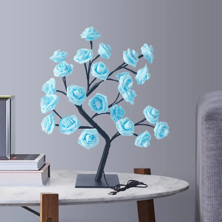 Elegant rose tree lamp with LED blossoms, perfect for ambient lighting.