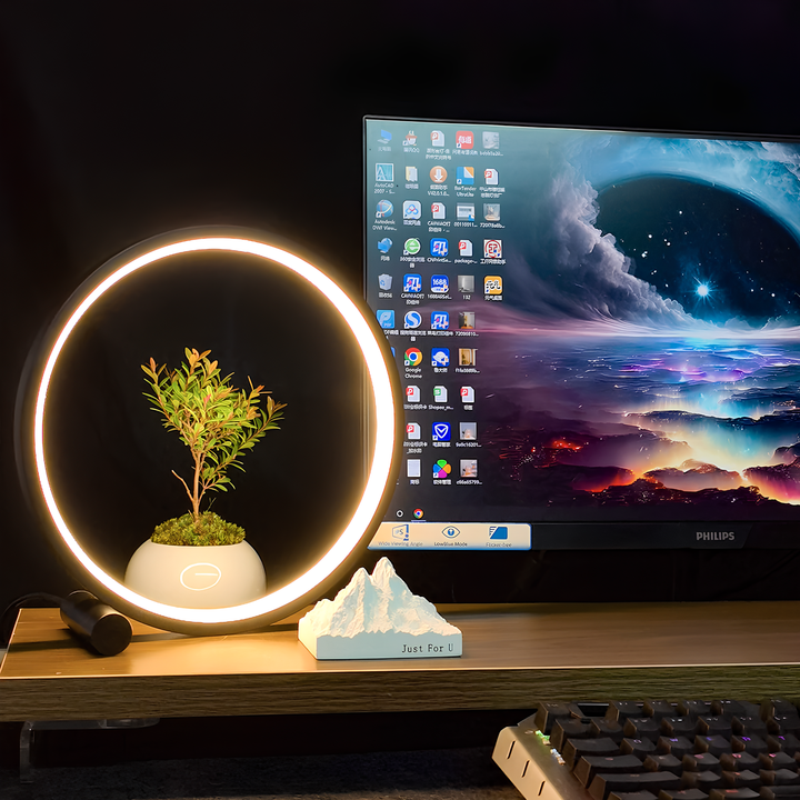 Bedroom dimmable LED halo ring lamp, Nvroome, minimalist design, provides soft ambient lighting.