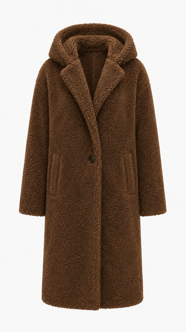 Versatile women's winter coat, hooded and long, providing elegant warmth for fall and winter.