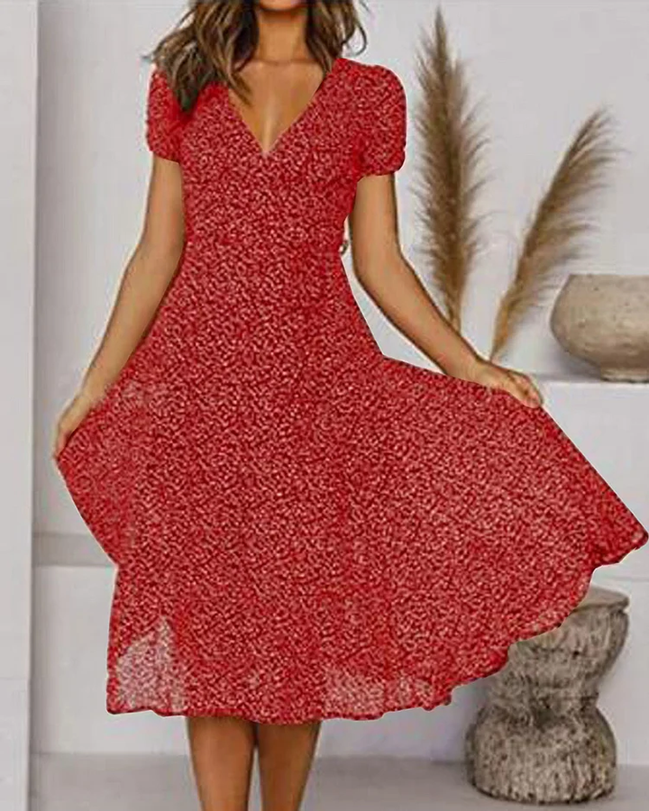 Elegant red V-neck puff sleeve fit & flare midi dress for women, ideal for cocktail parties or summer evenings.