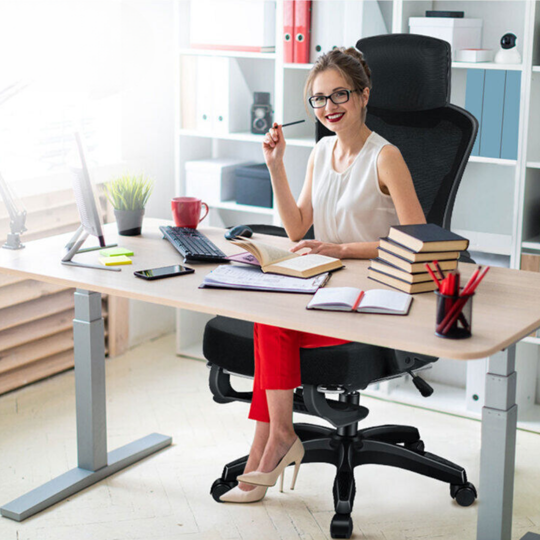 Adjustable ergonomic office chair with recline, footrest & height settings for personalized setup.