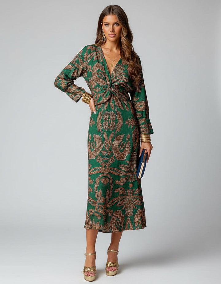 Elegant women's flowy boho wrap dress, ideal for beach vacations & summer days.