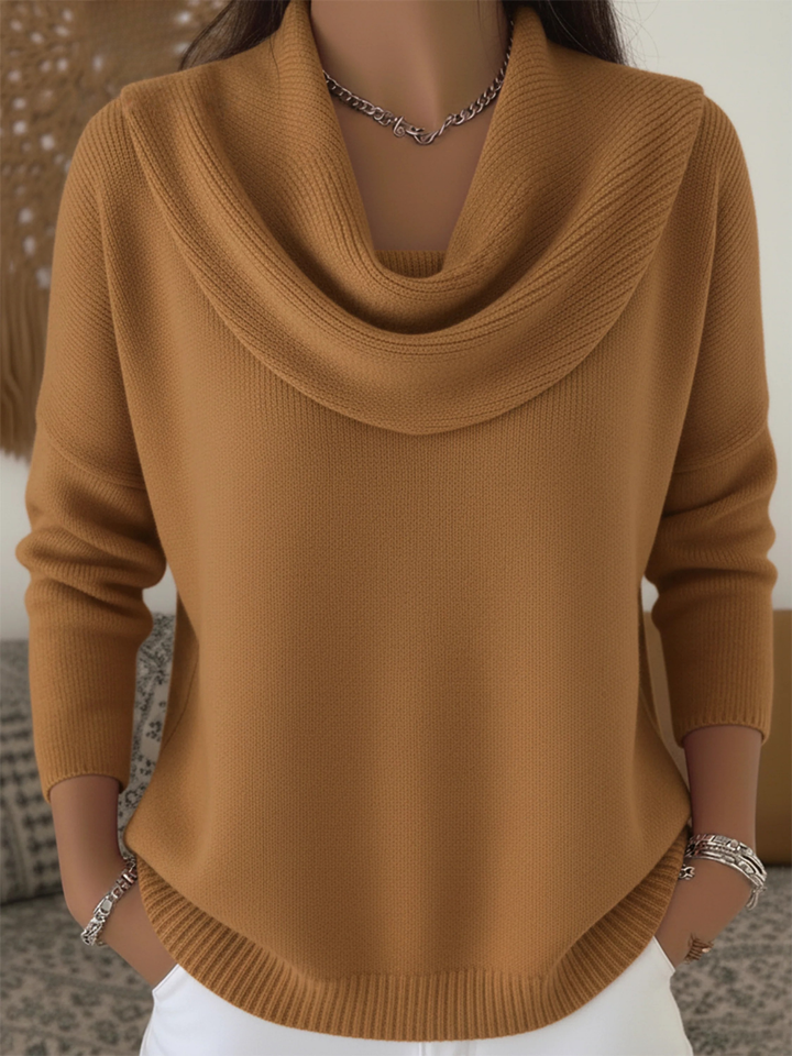 Warm women's long sleeve cowl neck pullover, perfect for casual winter layering and comfort.