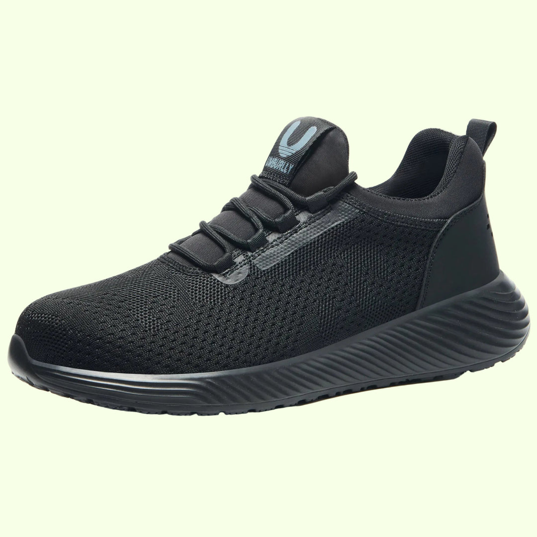 Front view of protective anti-smash steel toe work shoes, essential safety footwear.