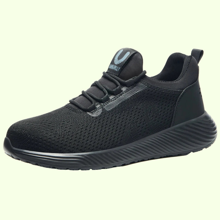 Front view of protective anti-smash steel toe work shoes, essential safety footwear.