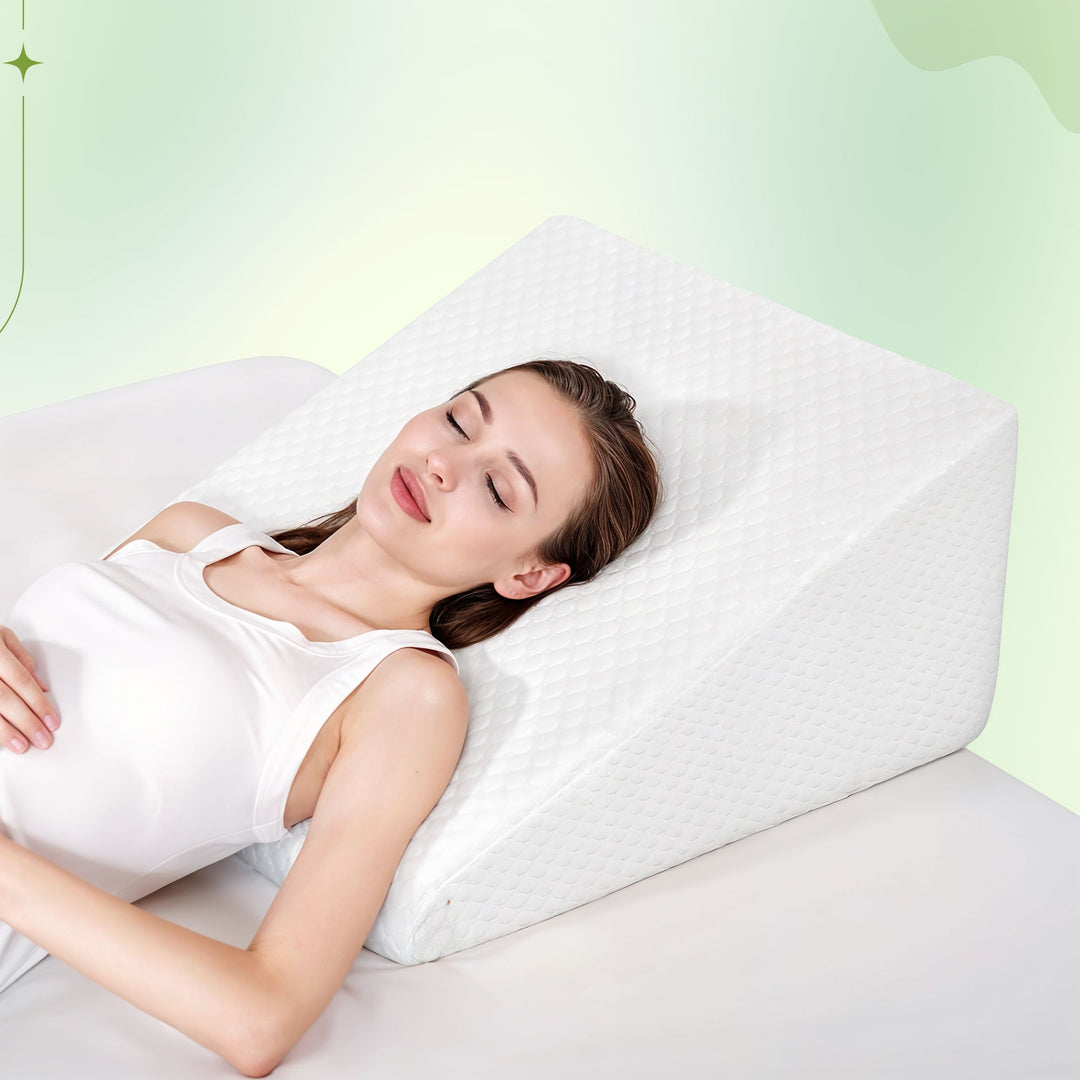 Therapeutic white orthopedic foam wedge pillow for pain relief and better posture.