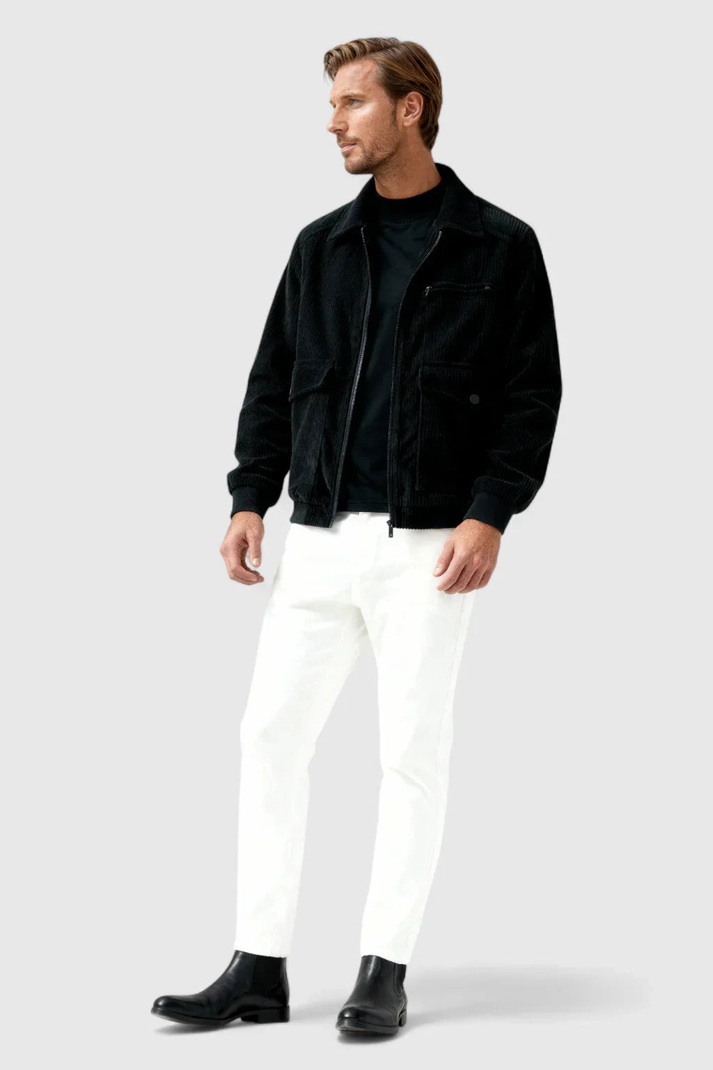 Stylish men's black corduroy outerwear, a versatile classic jacket with a relaxed fit for daily wear.