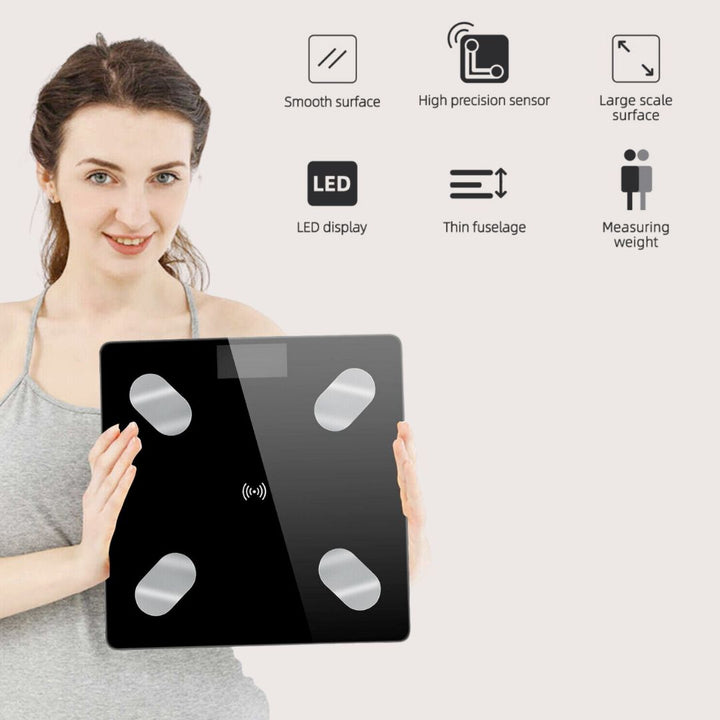Black glass smart scale, precise body composition measurements for effective fitness & weight management.
