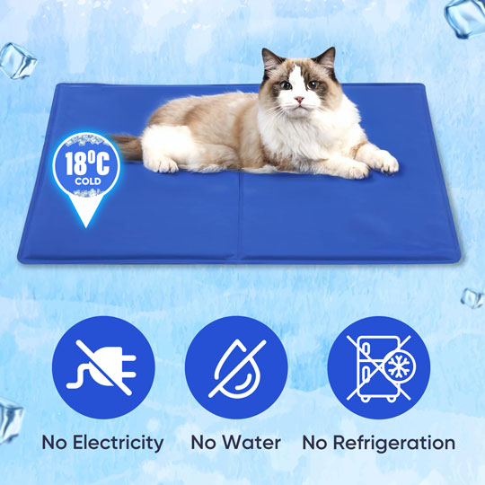 Blue pet cooling gel mat for large dogs, providing instant relief from summer heat. Durable & scratch-resistant.