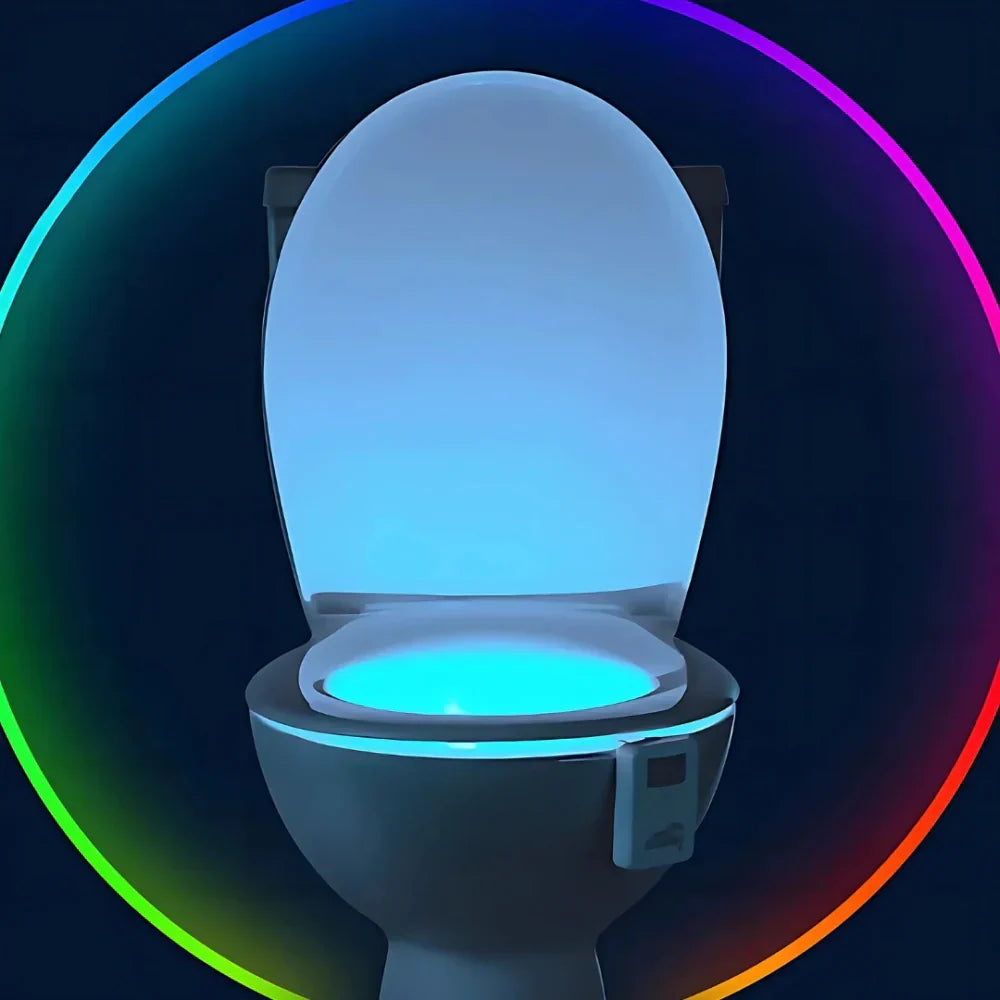 Close-up of sleek, waterproof LED toilet night light. Features motion sensor and vibrant color-changing illumination.