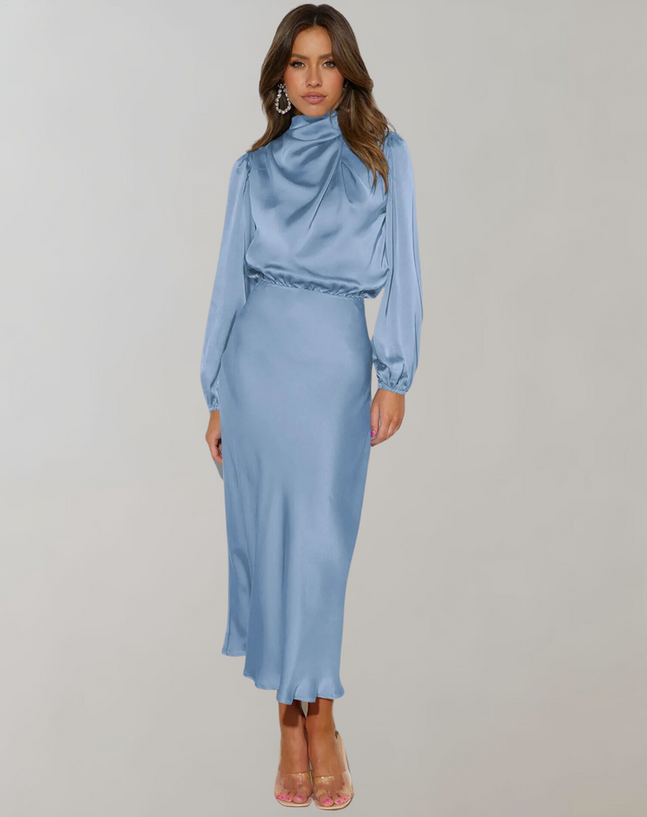 Versatile modern long sleeve women's dress, elegant & flowy. Perfect for special occasions & formal events.