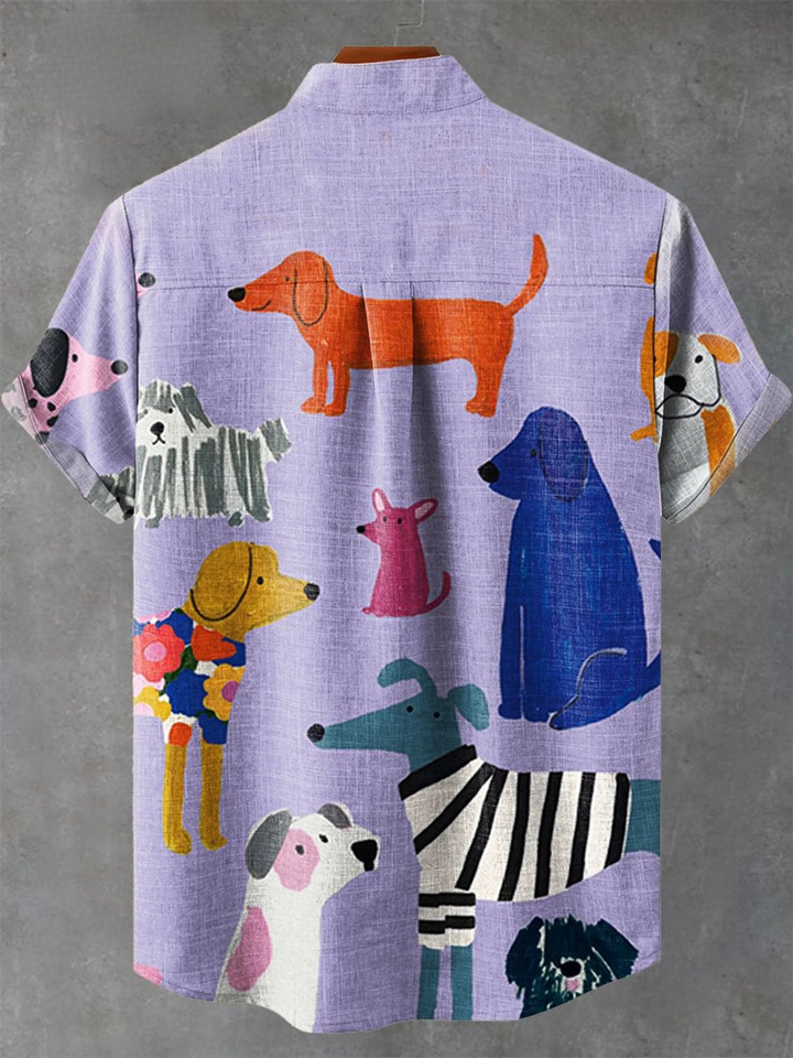 Casual men's short sleeve shirt featuring a vibrant graphic dog print and button-up design for everyday wear.