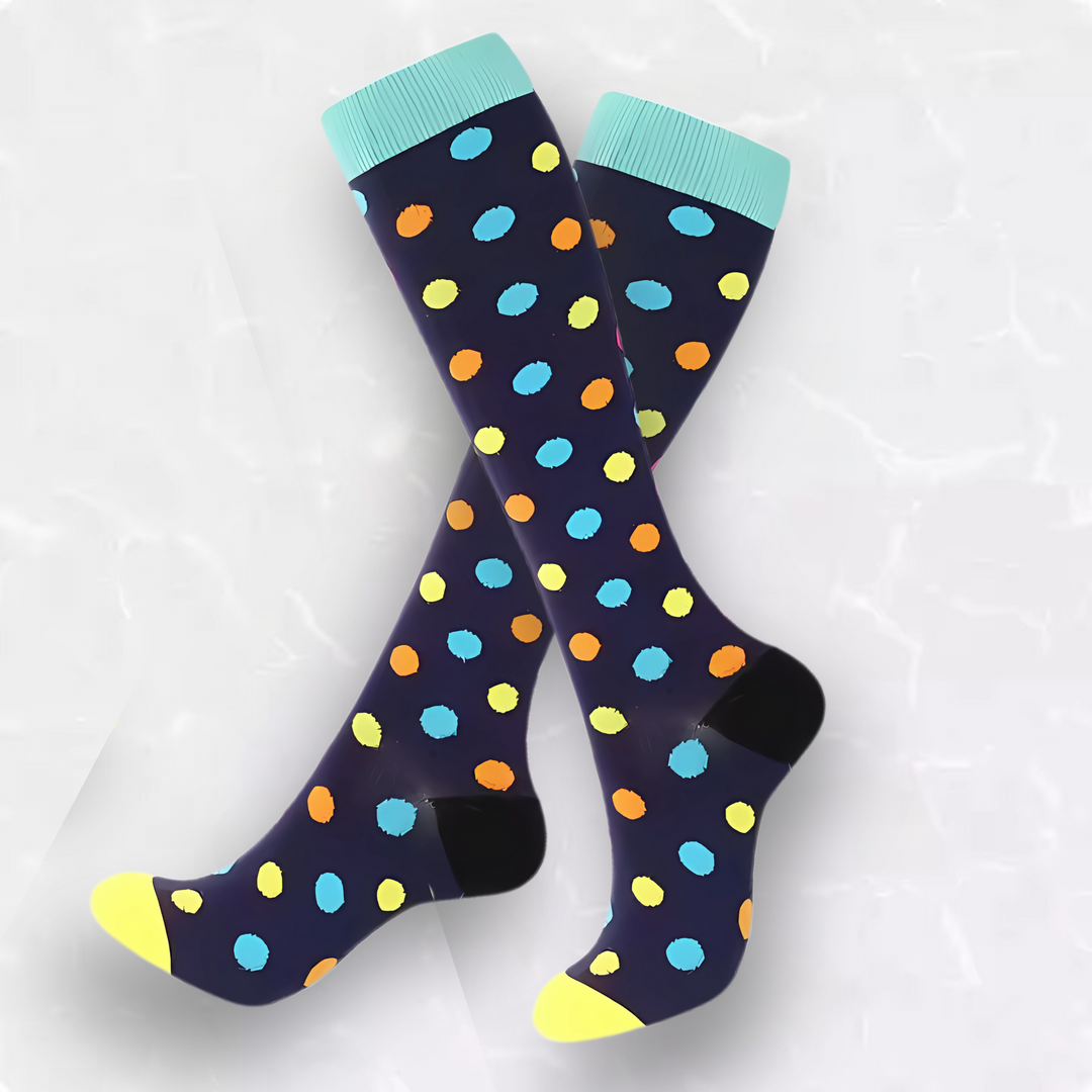 Athletic spotted compression socks, patterned for leg support, circulation & comfort.