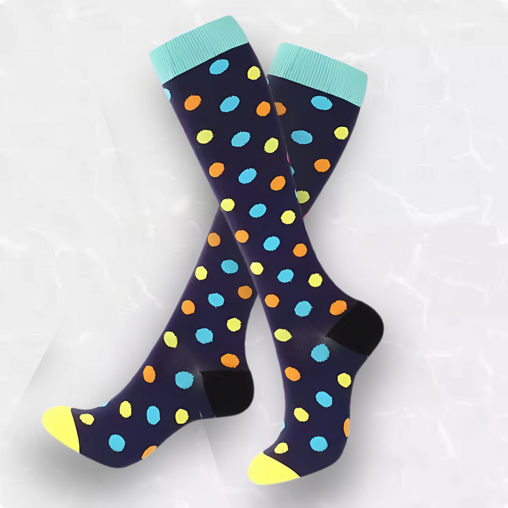 Athletic spotted compression socks, patterned for leg support, circulation & comfort.