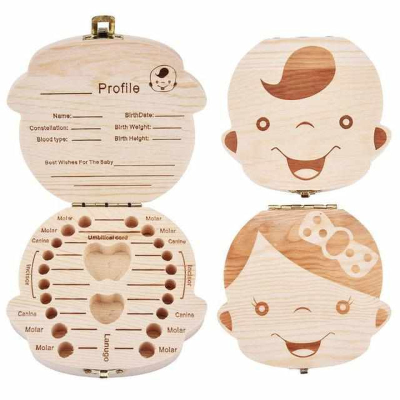 Handcrafted wooden baby tooth keepsake box with individual compartments for collecting child's lost teeth.
