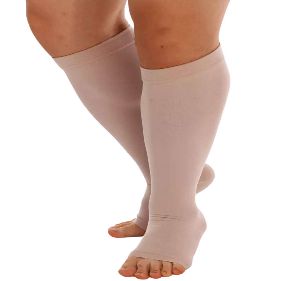 Therapeutic plus-size open toe compression socks for women, enhancing circulation & leg comfort.