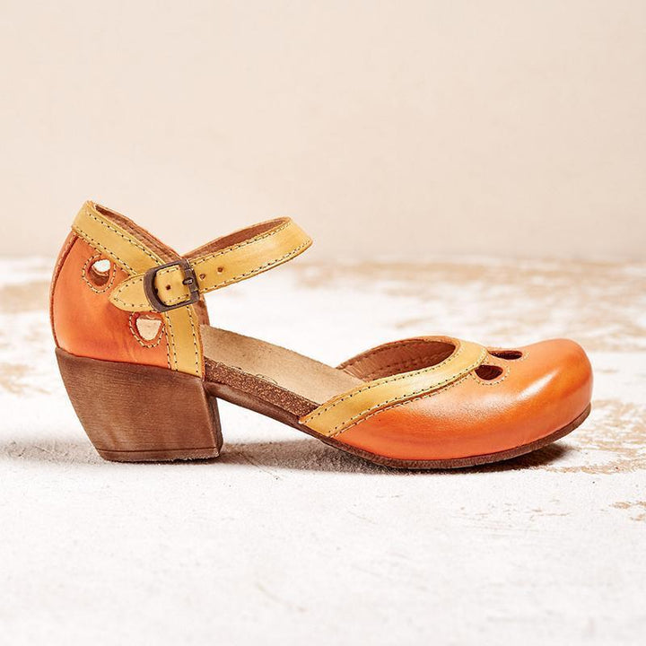 Elegant women's low-heeled sandals with arch support, open toe, and posture correction features.