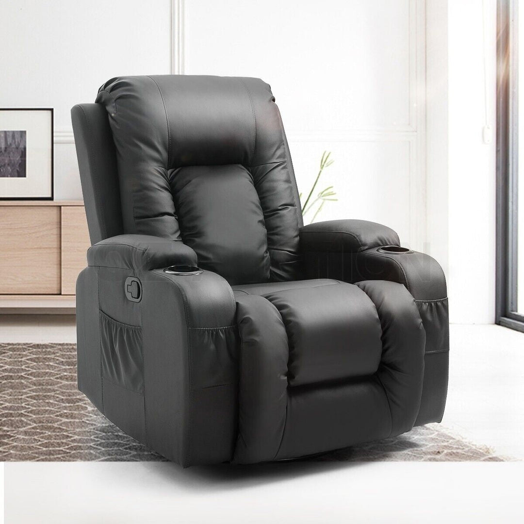 Luxurious unisex electric massage recliner chair in black leather, perfect for ultimate relaxation and comfort in any living room.