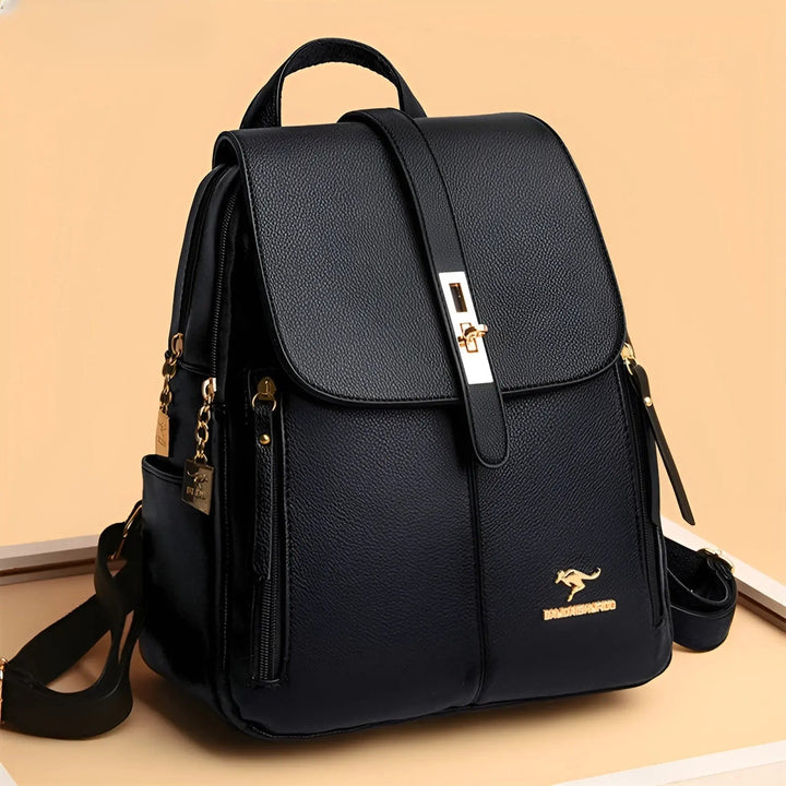 Chic women's leather style backpack, water resistant & functional for daily use.