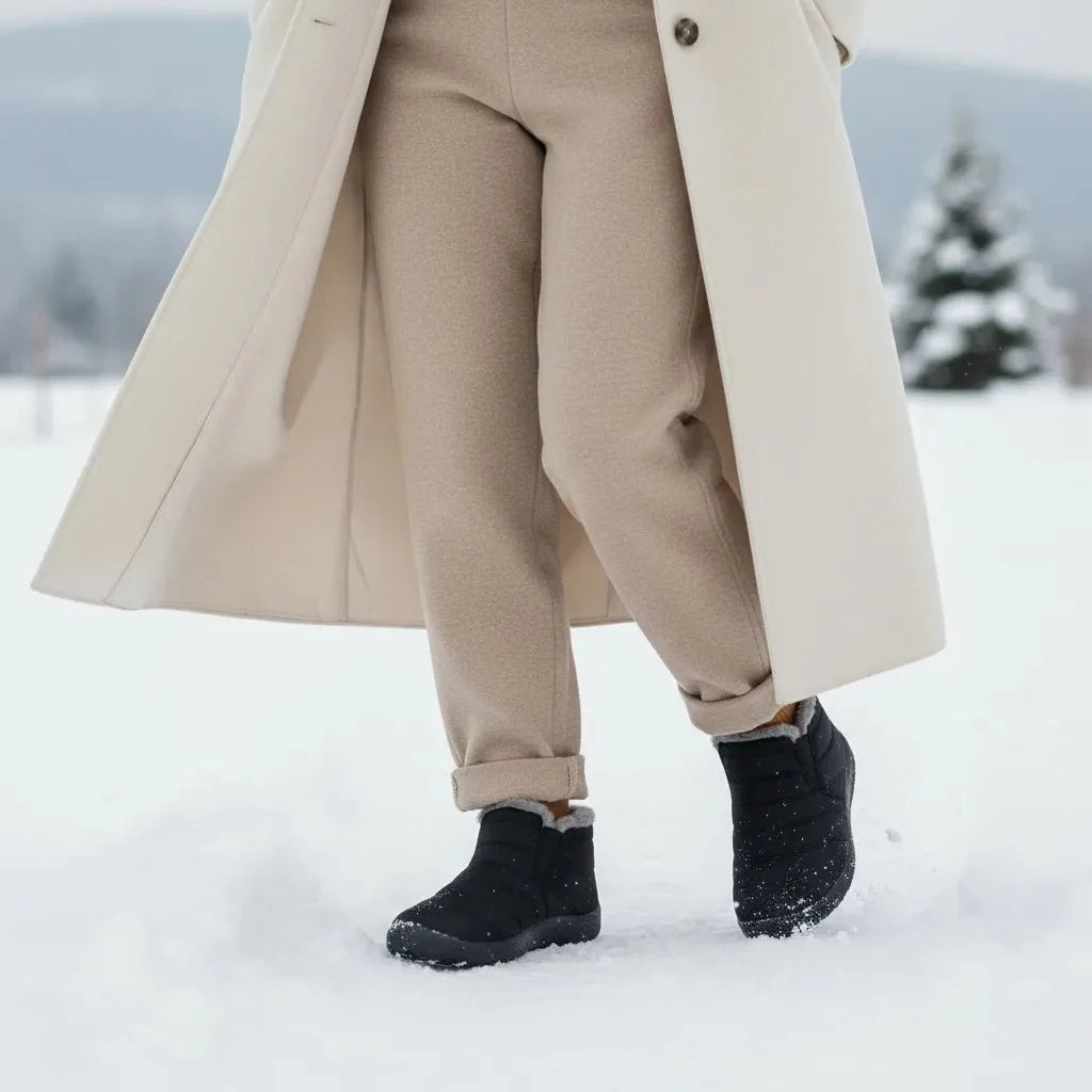 Red women's warm snow boots, slip-on style with waterproof protection & anti-slip sole.