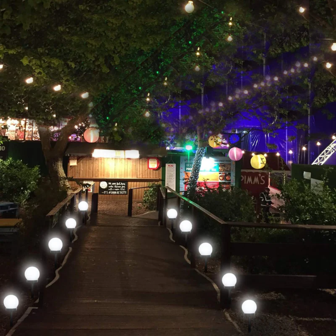 Durable, energy-efficient SunLuxe waterproof solar LED orbs, ideal for modern outdoor garden lighting.