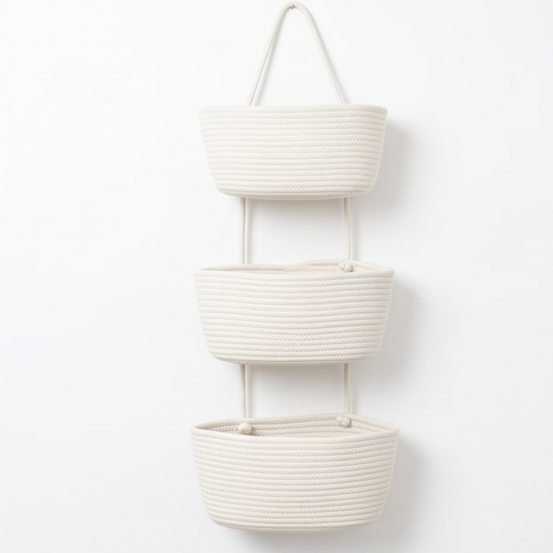 White 3-tier over-door cotton hanging basket. Ideal vertical storage for bathroom, pantry, or closet organization.