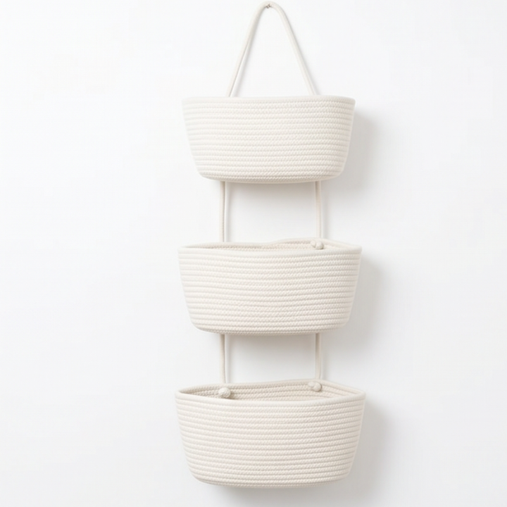 White 3-tier over-door cotton hanging basket. Ideal vertical storage for bathroom, pantry, or closet organization.