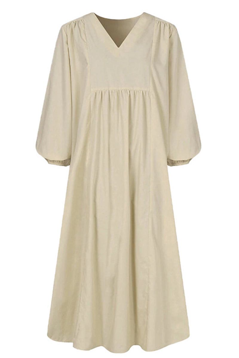 Comfortable women's V-neck long sleeve midi dress, loose fit, versatile for casual or elegant occasions.