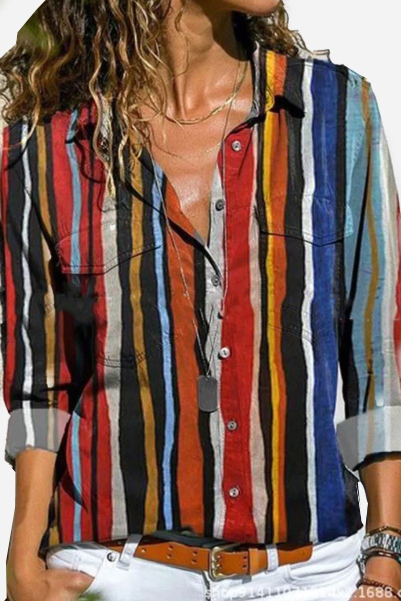 Vibrant women's Vivienne long sleeve button-up shirt with a modern abstract print, perfect for casual chic styling.