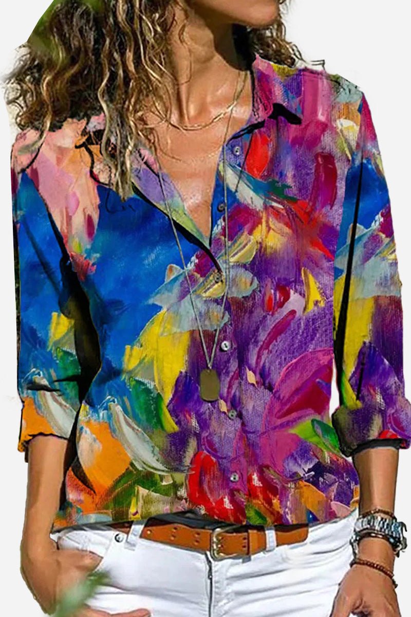 Women's relaxed fit Vivienne abstract print long sleeve shirt, a stylish and modern button-up top for everyday wear.