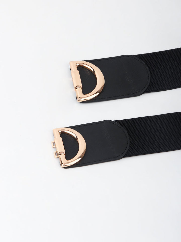 Modern women's wide elastic waist belt, perfect for defining the waist, showcasing a gold buckle.
