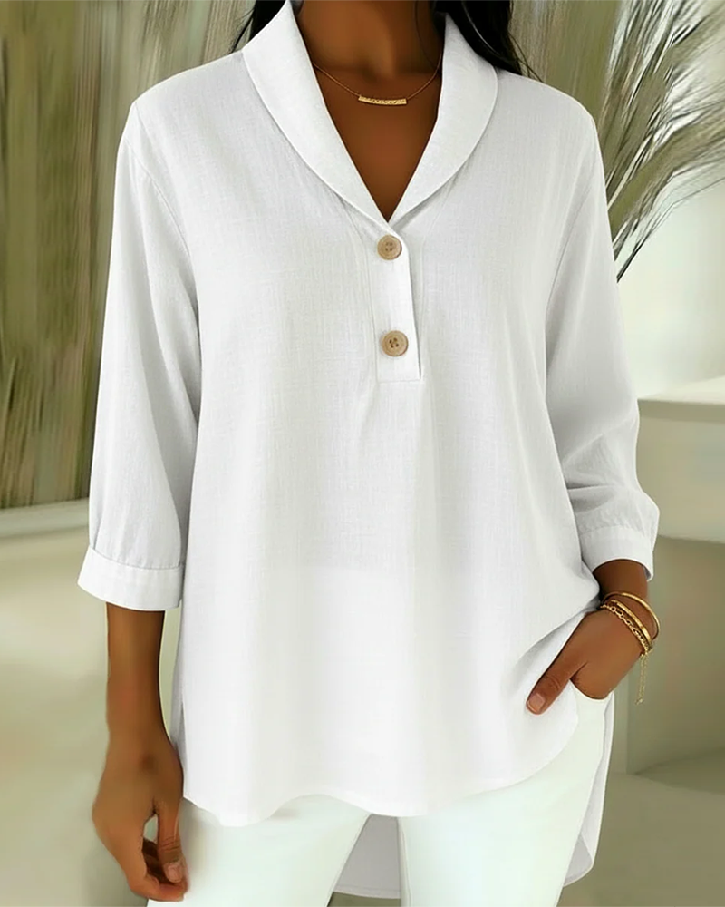 Women's stylish V-neck blouse with 3/4 sleeves, perfect for casual or office wear. Relaxed fit top for everyday fashion.