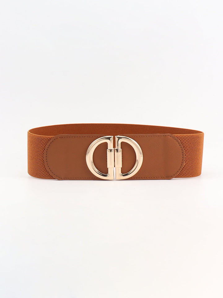 Women's wide elastic fashion belt, offering a slimming effect with an elegant gold buckle.