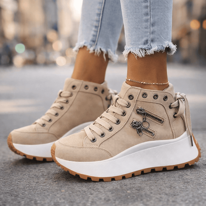 Versatile women's high-top platform sneakers, essential casual shoes for contemporary fashion.