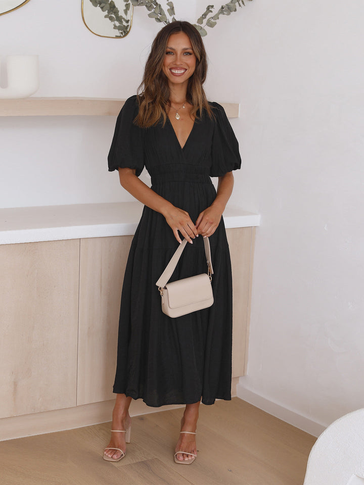 Feminine puff sleeves midi dress for women, suitable for elegant occasion wear & summer events.