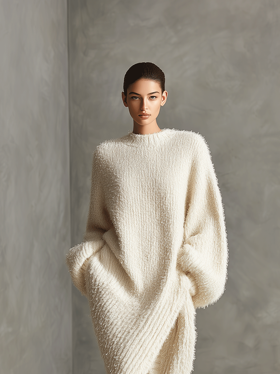 Cream oversized long sleeve midi dress, perfect for fall/winter elegant & cozy wear.