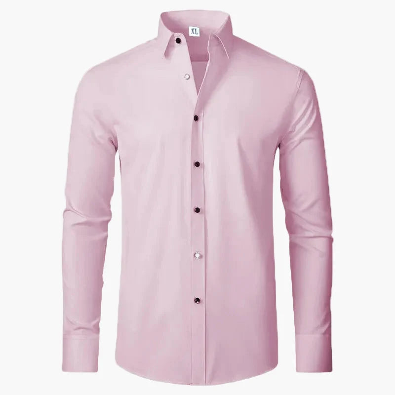 Navy blue men's classic long sleeve button-down dress shirt. Essential office wear, formal, & business casual men's fashion.