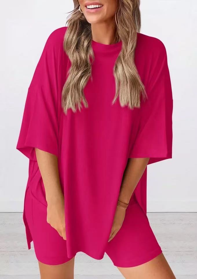 Side view: Women's matching oversized tee & shorts lounge set, great for home or casual outings.