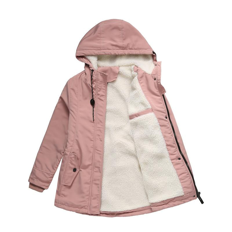 Women's protective outdoor hooded jacket. Waterproof & weather-resistant activewear with zippered pockets.