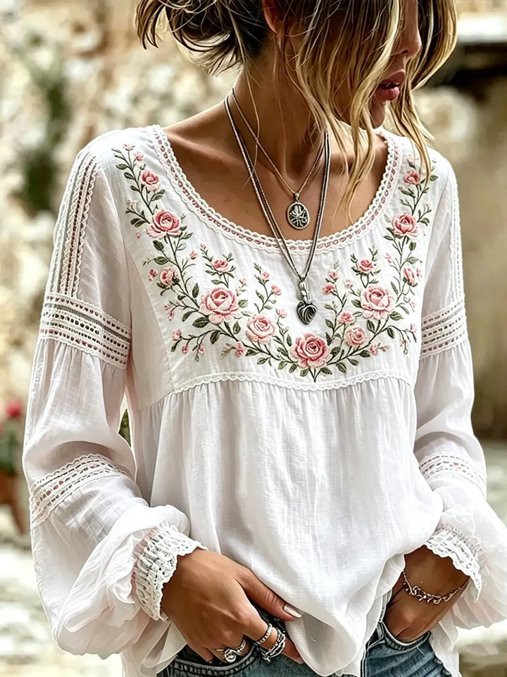 Stylish women's casual long sleeve embroidered blouse, offering an elegant and relaxed fit for any occasion.