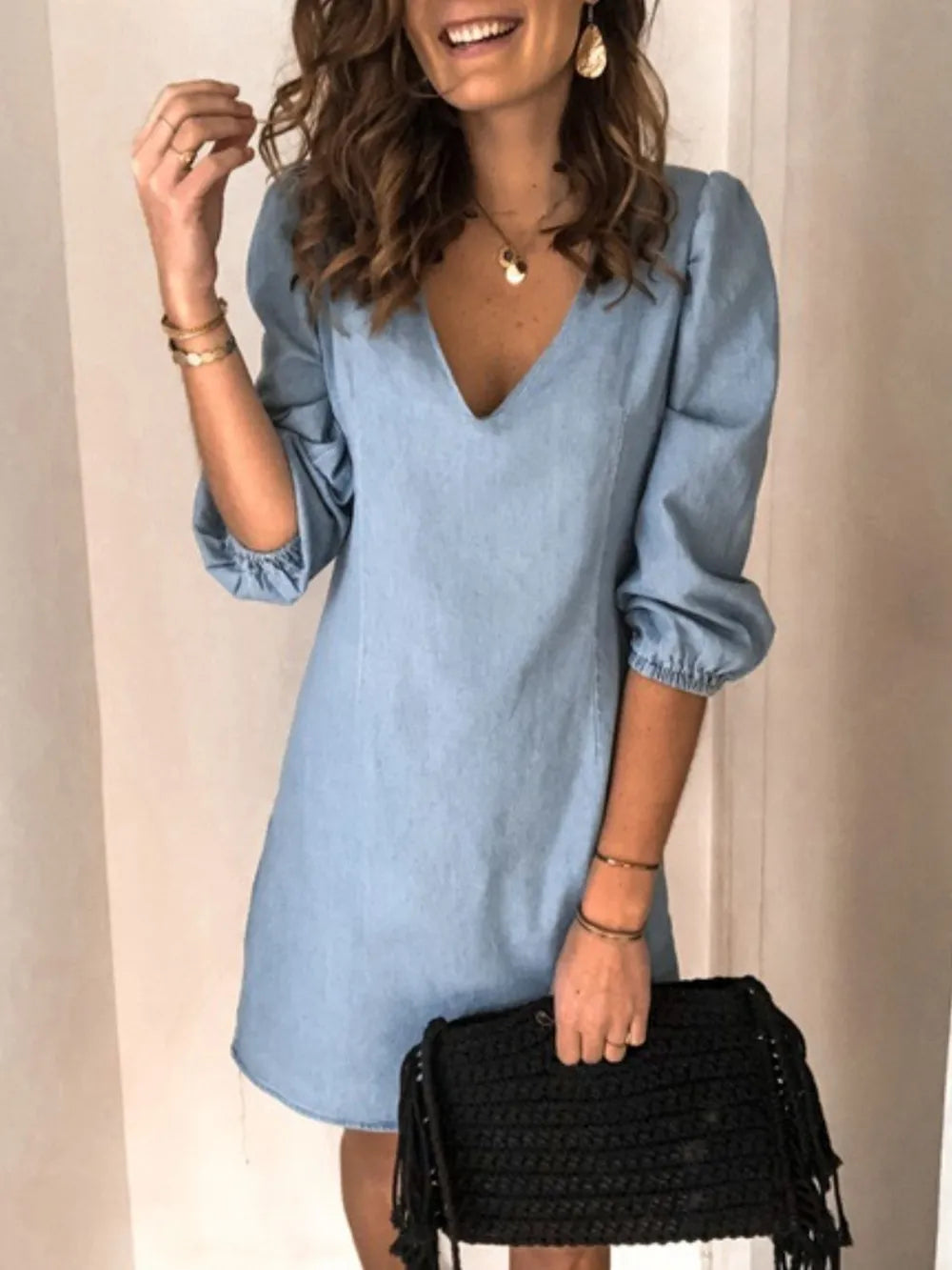 Navy blue V-neck half sleeve dress for women, comfortable & stylish for daily outfits.