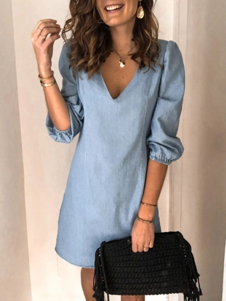 Navy blue V-neck half sleeve dress for women, comfortable & stylish for daily outfits.